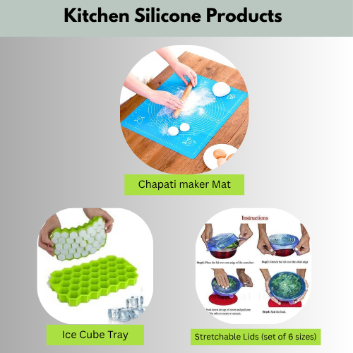 Combo - Silicone Baking mat + Ice Cube Tray + Strectable Lids