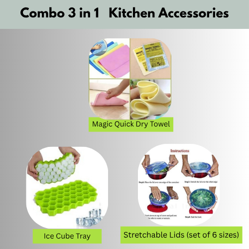 Combo - Stretchable Lids + Ice Cube Tray + Quick Dry Magic Towel